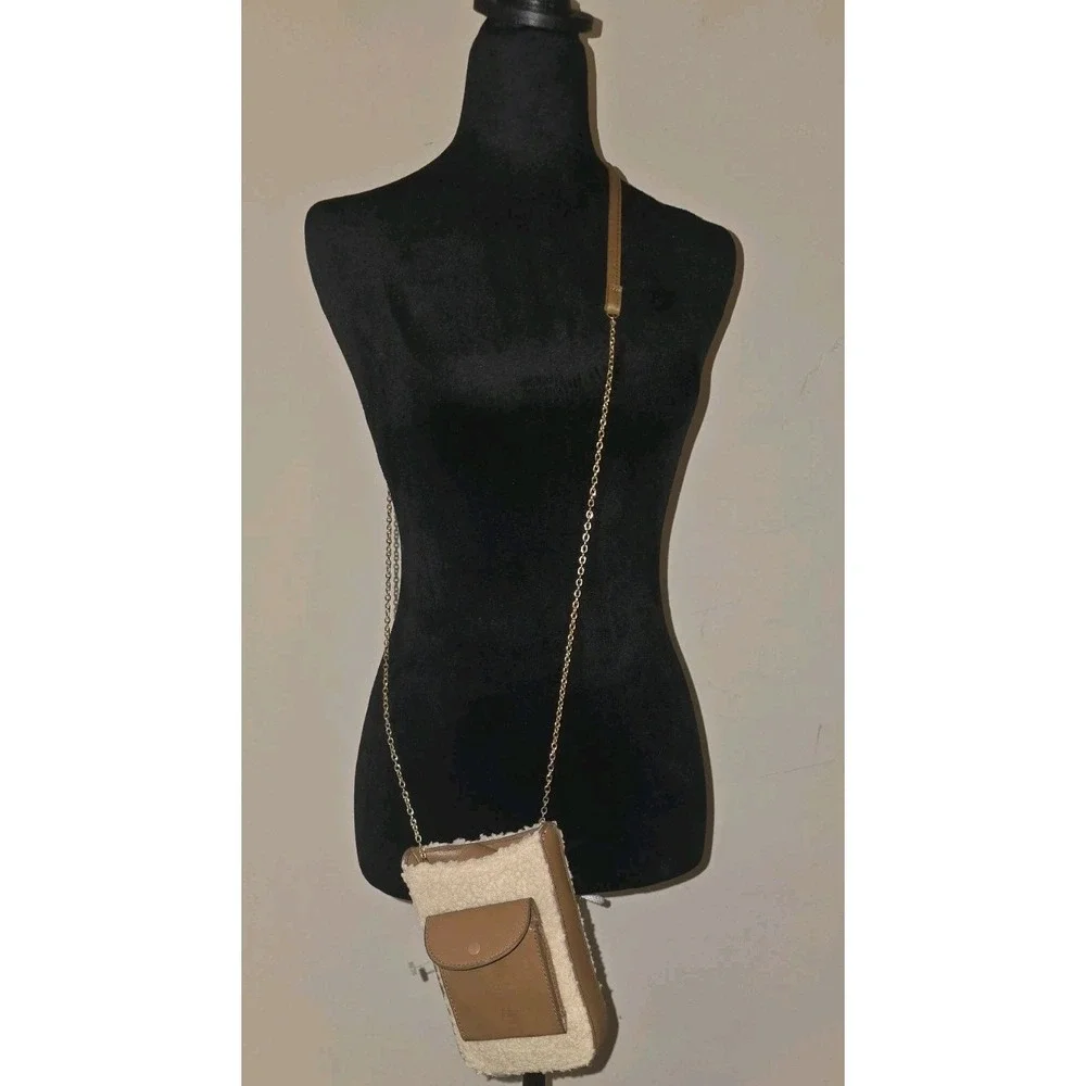 New Faux Sherpa‎ Brown Crossbody cell Phone Holder  Outfit Accessory Gold Chain